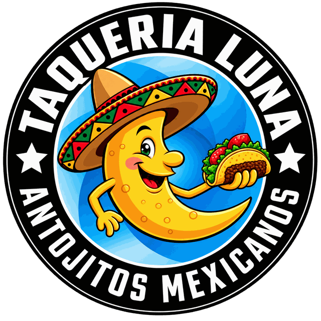 Taquería Luna Antojitos Mexicanos moon mascot holding a taco